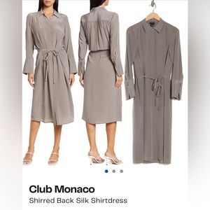 Club Monaco NWT Grey Shirred Back Shirtdress Midi Silk XS